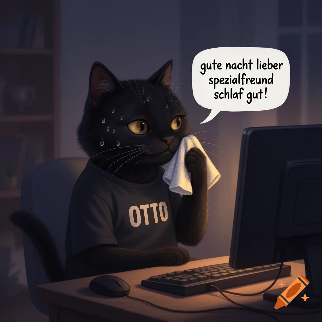 A sweating black cat wearing an "OTTO" t-shirt sits at a computer at night, dabbing its face with a cloth. A speech bubble says, "gute nacht lieber spezialfreund schlaf gut!"