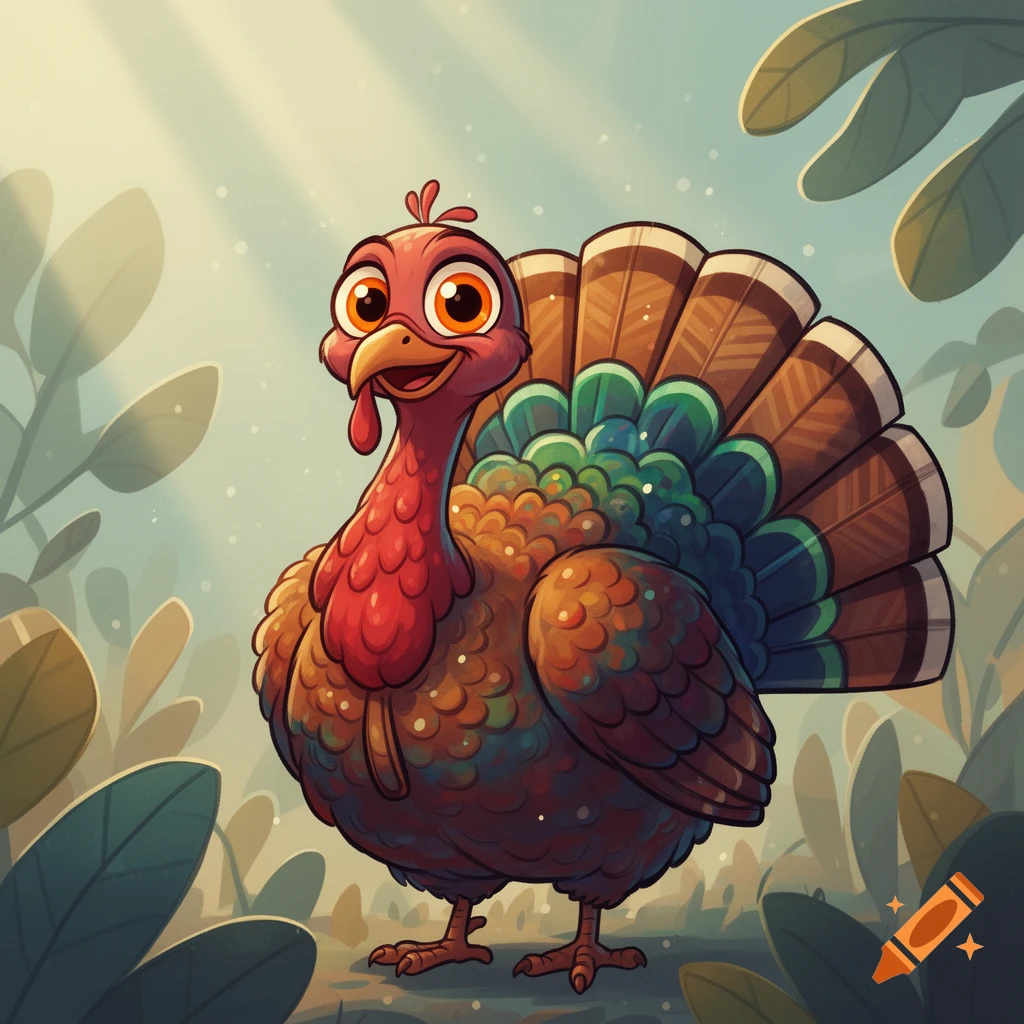 A happy, stylized cartoon turkey with large orange eyes and colorful tail feathers stands in a leafy outdoor setting.