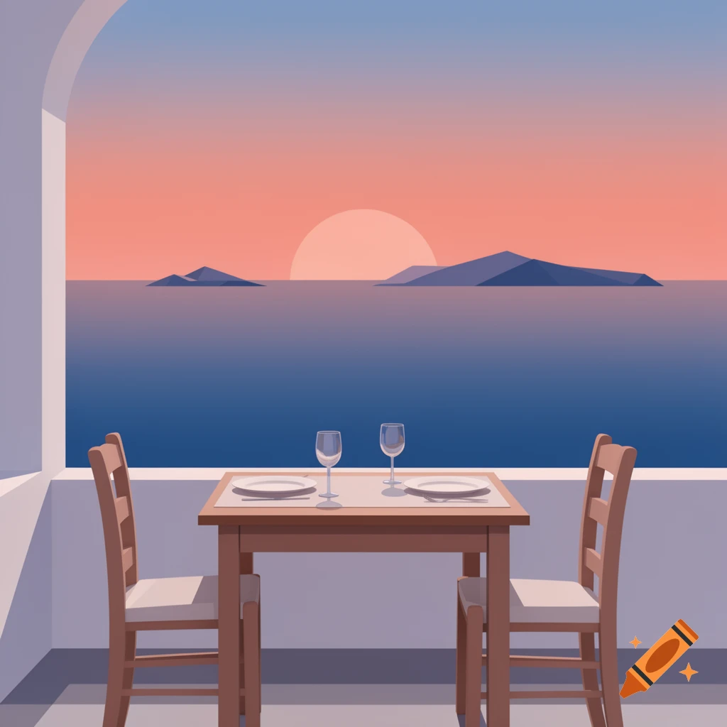 Vector art of a cozy table for two on a veranda overlooking the ocean at sunset, with distant islands.