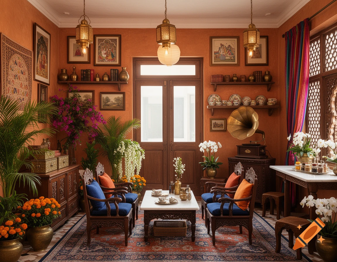 Ornate Indian colonial-style sitting room with terracotta walls, carved wooden furniture, lush plants, and cultural decor.
