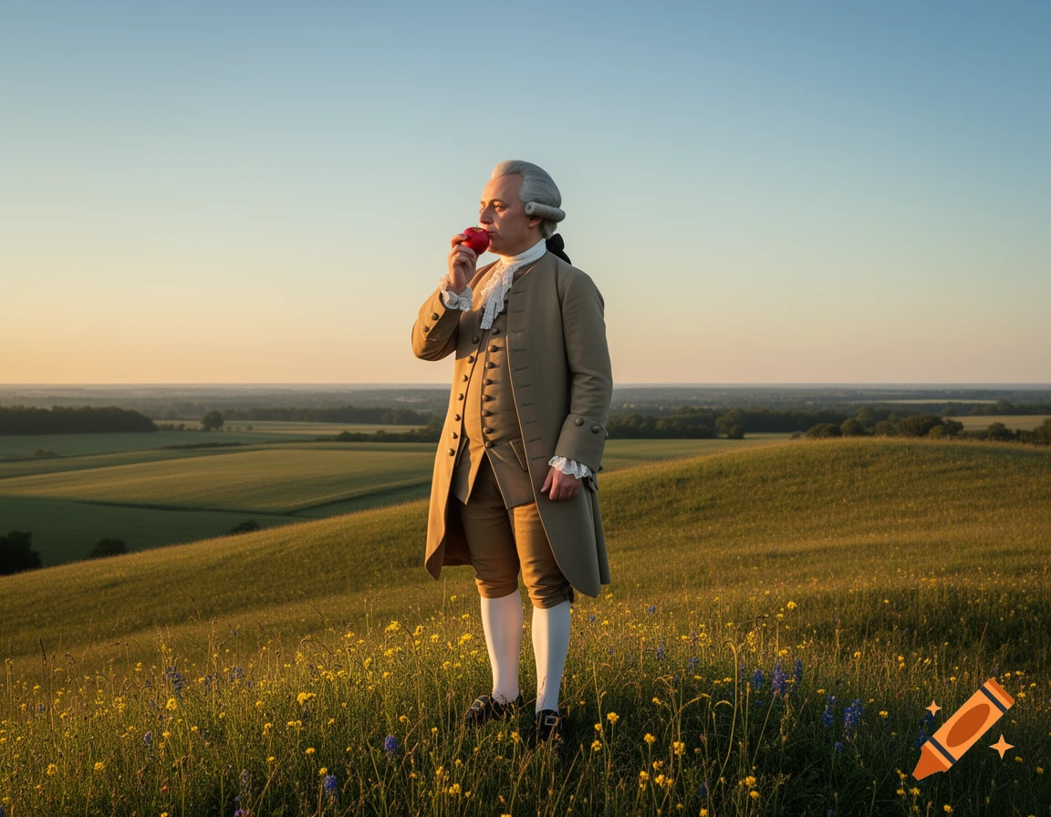 Man in an 18th-century wig and coat stands on a grassy hill, eating a red apple at sunset, overlooking a vast landscape.