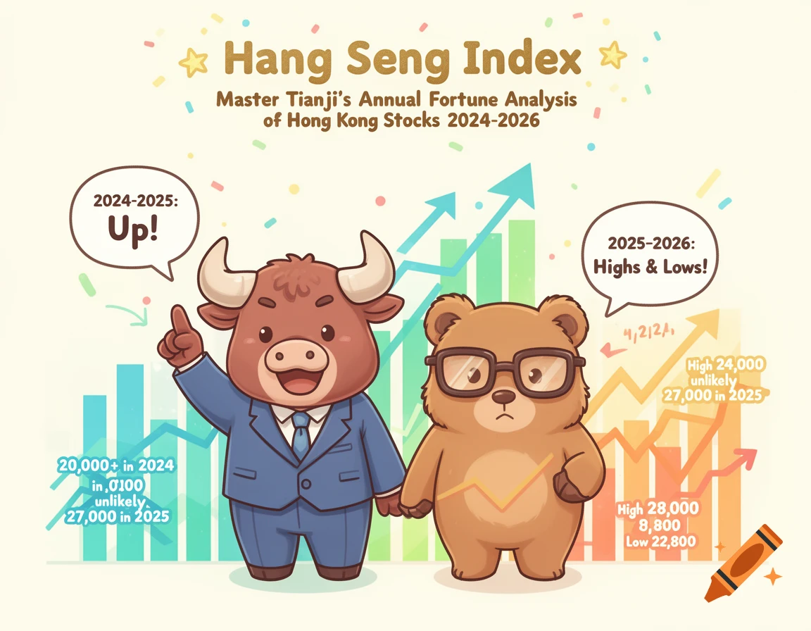 Cute cartoon bull and bear in suits with financial charts and text about the Hang Seng Index for 2024-2026.