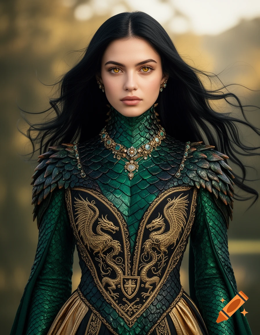 Photorealistic portrait of a woman with long black hair, golden eyes, wearing an emerald green dragon-scale dress with gold dragon embroidery.