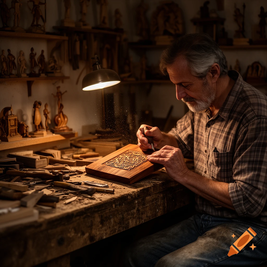 A bearded artisan carves intricate patterns into a wooden board in a dimly lit workshop, surrounded by tools and sculptures.