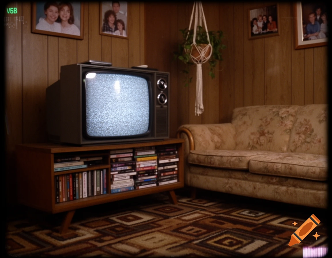 A 1980s-style living room with wood-paneled walls, a floral couch, and a CRT TV displaying static on a media console.
