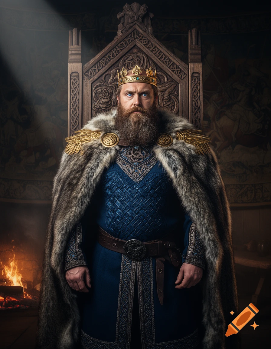 A photorealistic portrait of a bearded king with a golden crown and a fur cape, sitting on an ornate wooden throne by a fireplace.