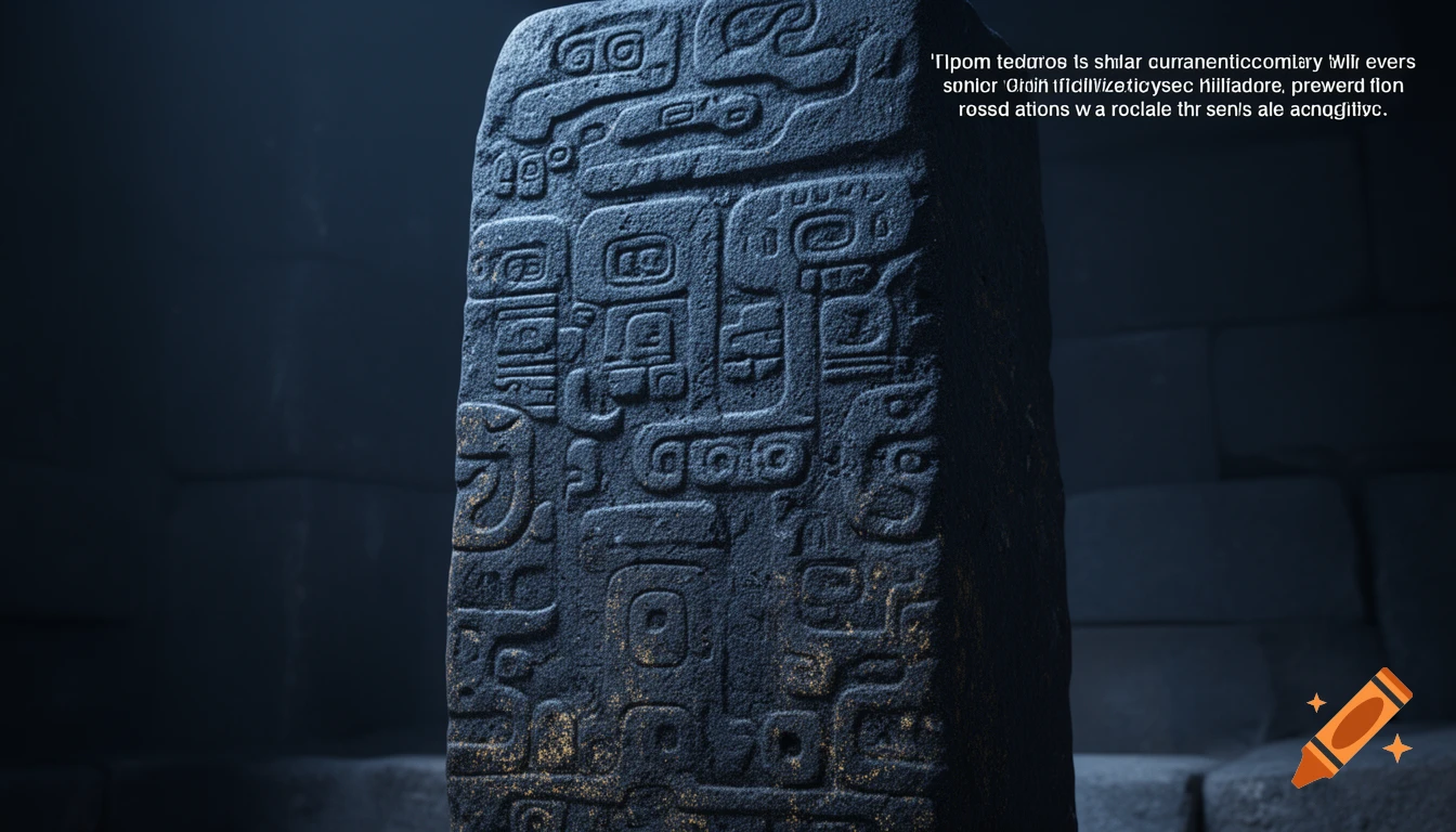 Close-up of an ancient stone monolith with carved symbols under dramatic lighting, featuring a dark volcanic texture and subtle golden highlights.