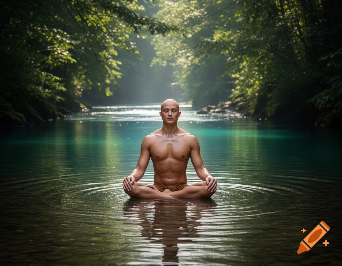A bald, muscular man meditates in a clear river with lush green forest reflecting in the water, photorealistic.