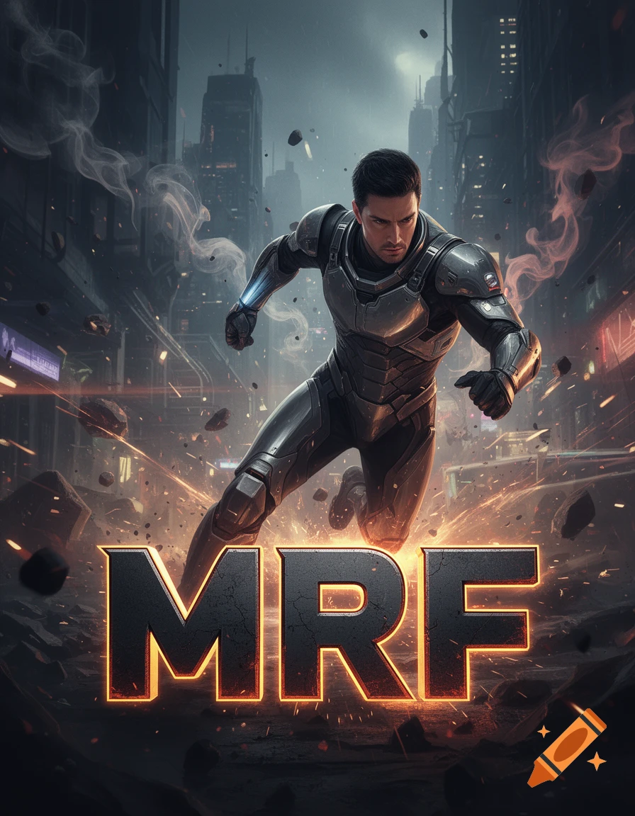 A man in a dark, futuristic suit runs through a debris-filled city street with glowing orange text 'MRF' at the bottom.
