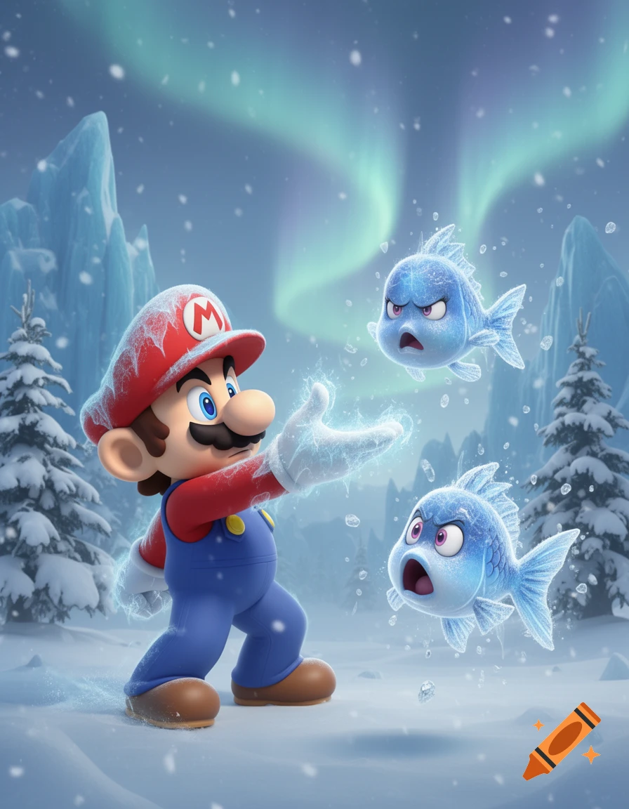 Mario, in a snowy landscape with aurora, uses ice powers on two frozen cartoon fish. 3D animation style.