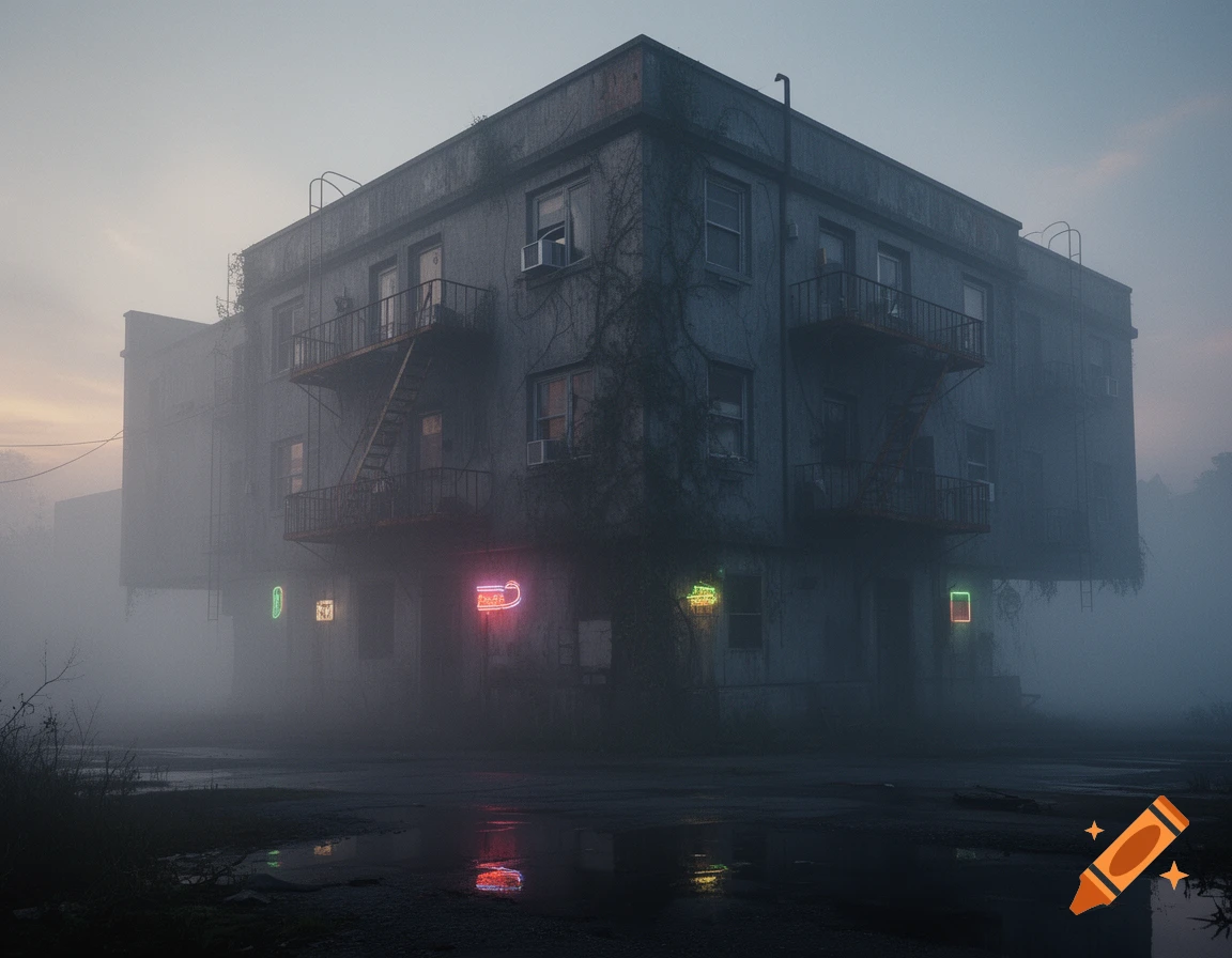 An old, derelict apartment building shrouded in thick white fog, with several glowing, colorful neon signs on its lower facade, reflecting in puddles on the wet ground.