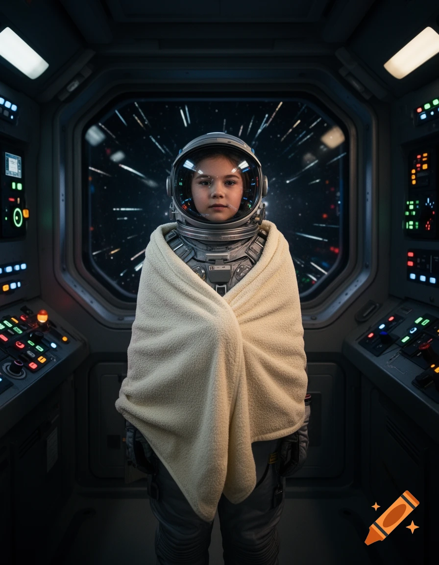 A young child in an astronaut helmet and a blanket stands in a futuristic spaceship cockpit, with stars visible outside the window.