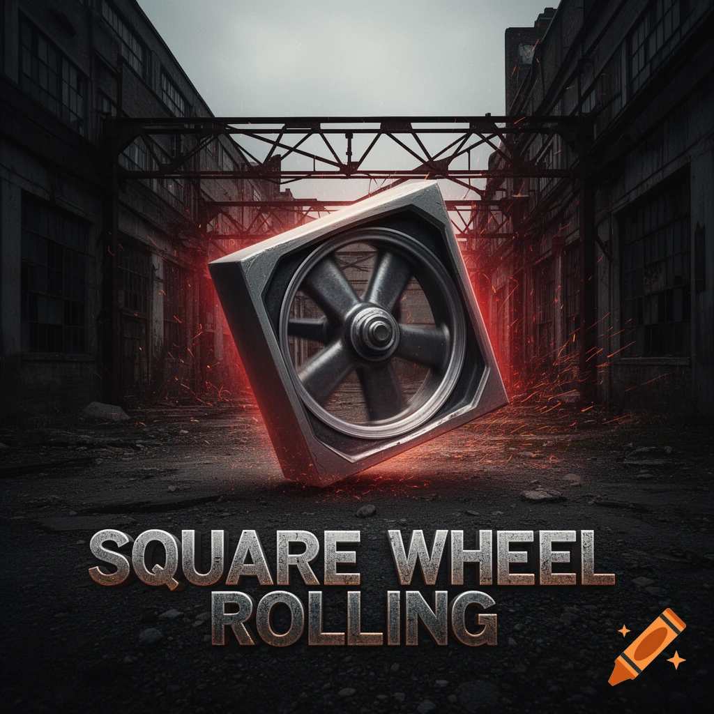An album cover featuring a square metal frame holding a spinning wheel in an industrial setting with red sparks. Text 'SQUARE WHEEL ROLLING' is at the bottom.