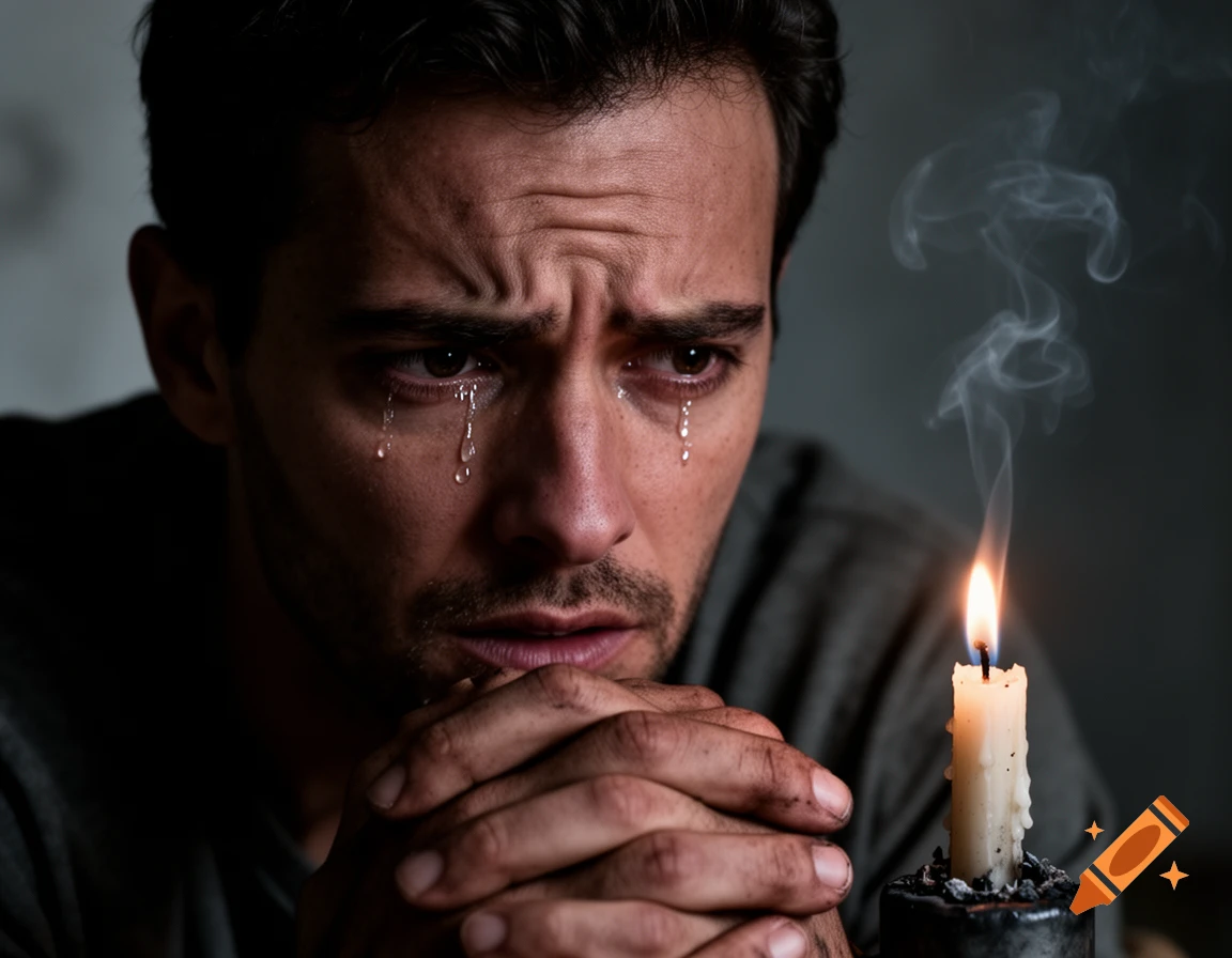 Close-up photorealistic portrait of a man crying, hands clasped, next to a lit candle with smoke, in dramatic lighting.