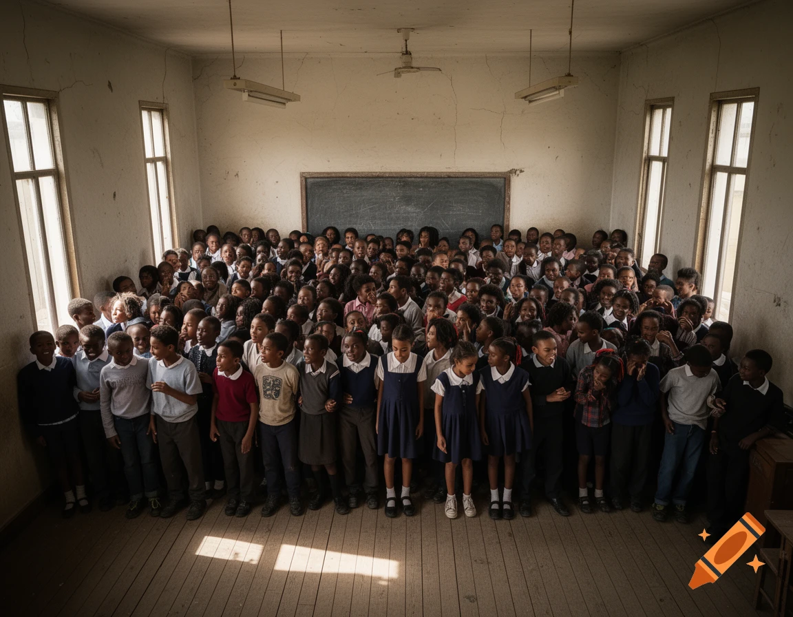 A large group of diverse school children stands crowded in an old, bare classroom with a blackboard and tall windows.