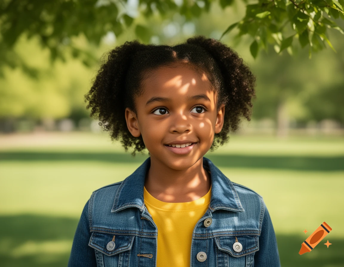 A smiling young Black girl with curly hair looks up, dappled in sunlight in an outdoor park setting.