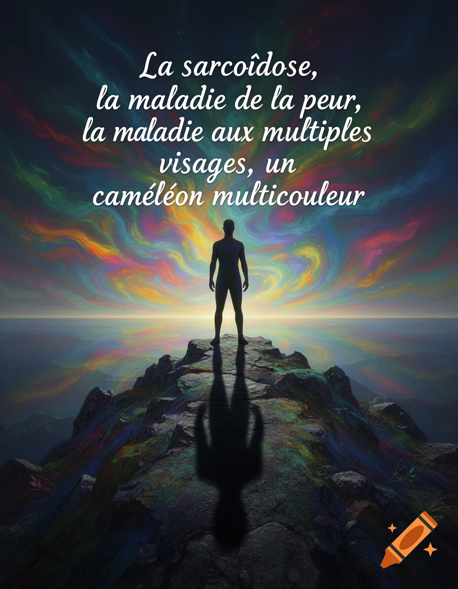 A silhouette of a person stands atop a mountain peak, overlooking a colorful, ethereal sky and distant horizon with French text above.