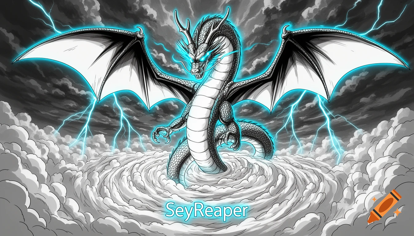 A stylized black and white dragon with glowing neon blue accents and lightning, emerging from swirling clouds. The name 'SeyReaper' is at the bottom.