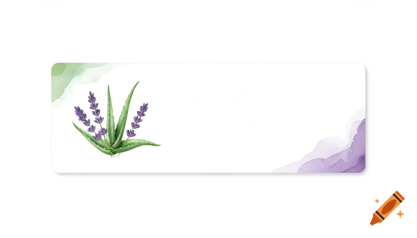 Rectangular label with a watercolor illustration of aloe vera and lavender, featuring green and purple accents on a white background.