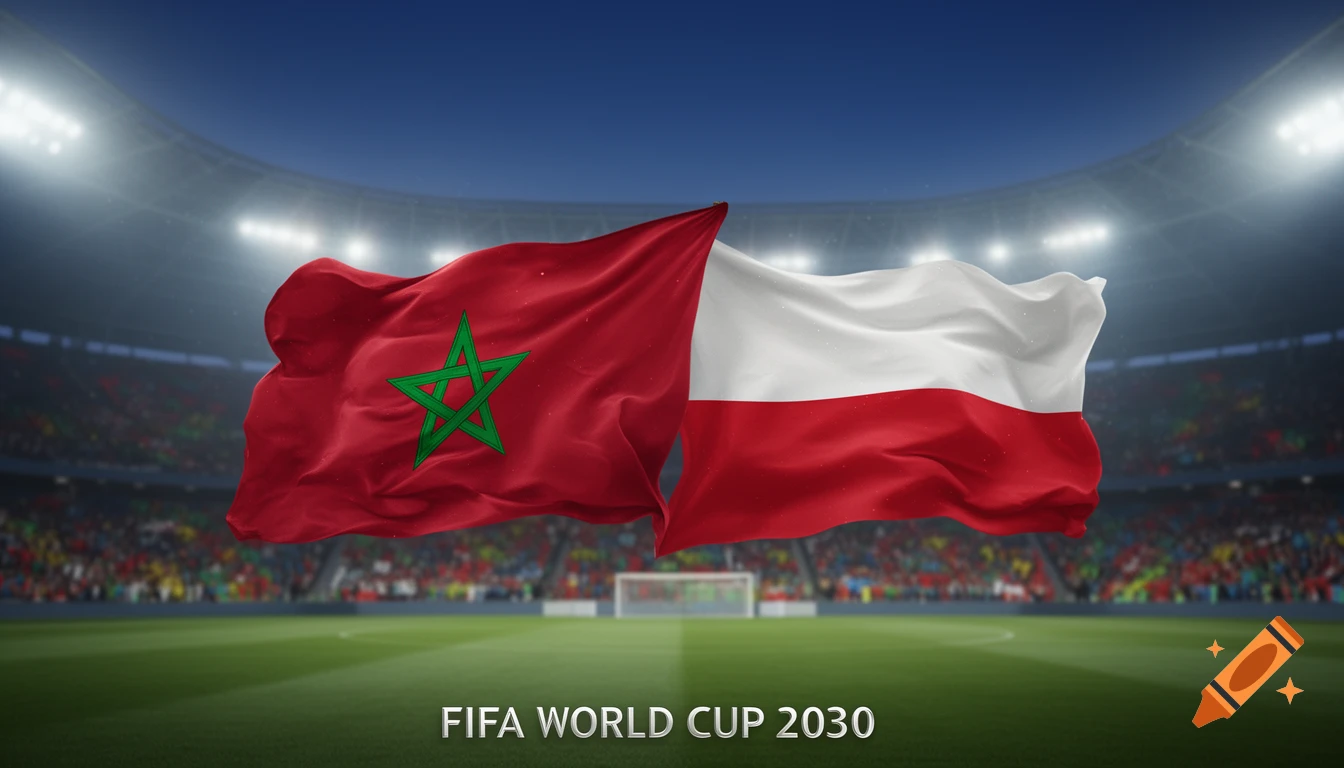 Morocco and Poland flags waving above a football stadium with "FIFA WORLD CUP 2030" text.
