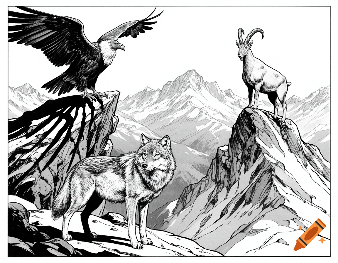 A bald eagle, wolf, and ibex on snowy mountain peaks in a black and white comic drawing style.
