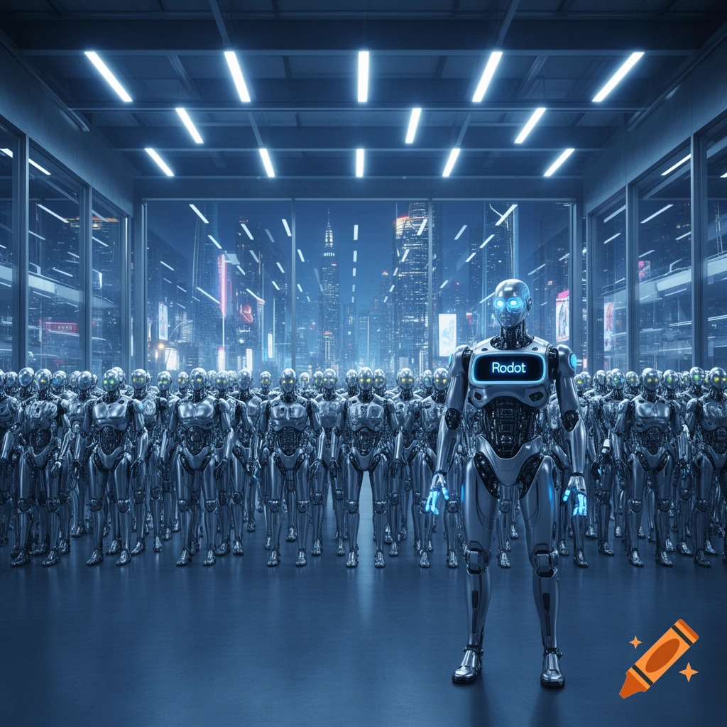 A lead chrome robot with "Rodot" on its chest stands before an army of identical robots in a futuristic, neon-lit city.