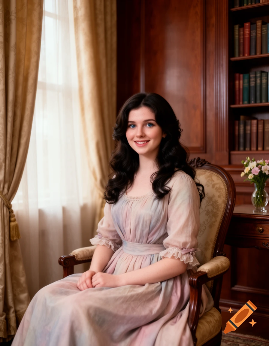 A smiling young woman with dark curly hair and blue eyes sits in an ornate chair in a classical room with bookshelves and drapes.