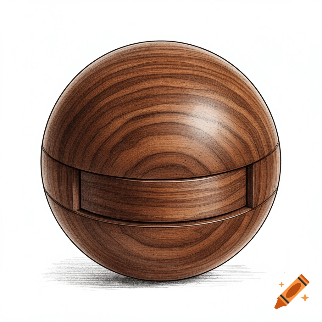 A detailed technical drawing of a wooden sphere with a central drawer, set against a white background.