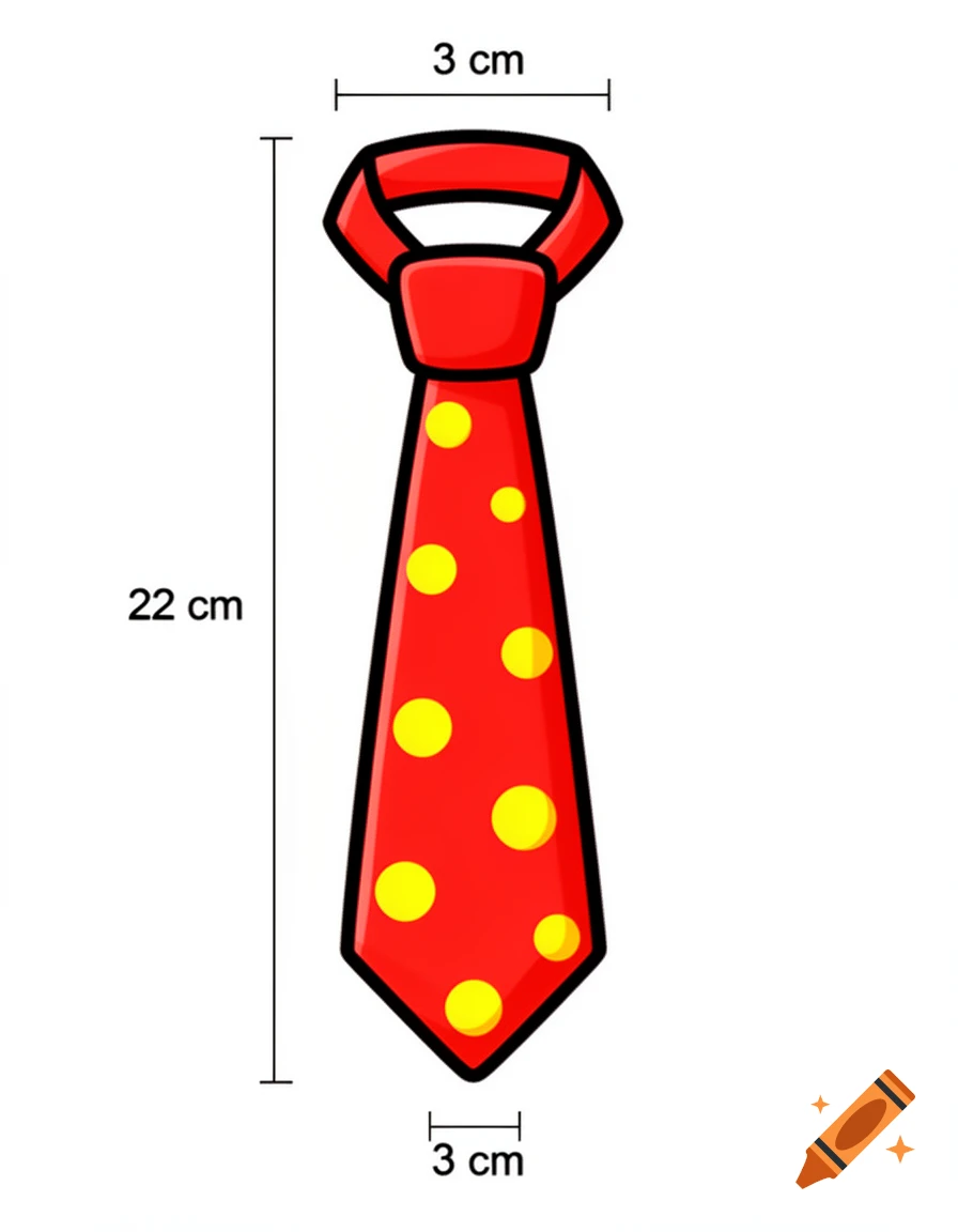 Cute cartoon red necktie with yellow polka dots, thick black outline, vector style, showing 22 cm height and 3 cm width.