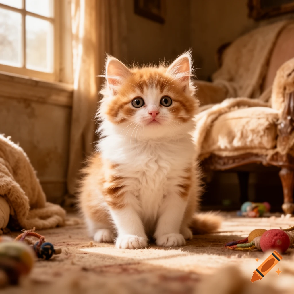 A fluffy orange and white kitten with big eyes sits on a rug in a sunlit room, with toys scattered around.