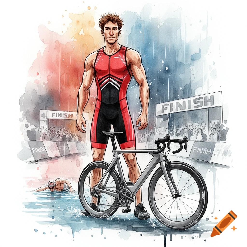 Watercolor illustration of a muscular male triathlete in a red and black suit standing with his bike, with a swimmer and finish lines in the background.