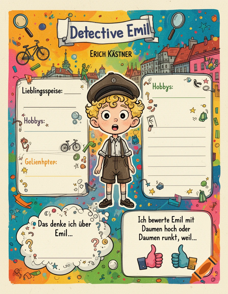 A colorful cartoon character profile page for 'Detective Emil' from Erich Kästner, designed like a friendship book. It features Emil in the center, surrounded by sections for 'Favorite Food', 'Hobbies', and prompts for user interaction, against a backdrop of a city scene.