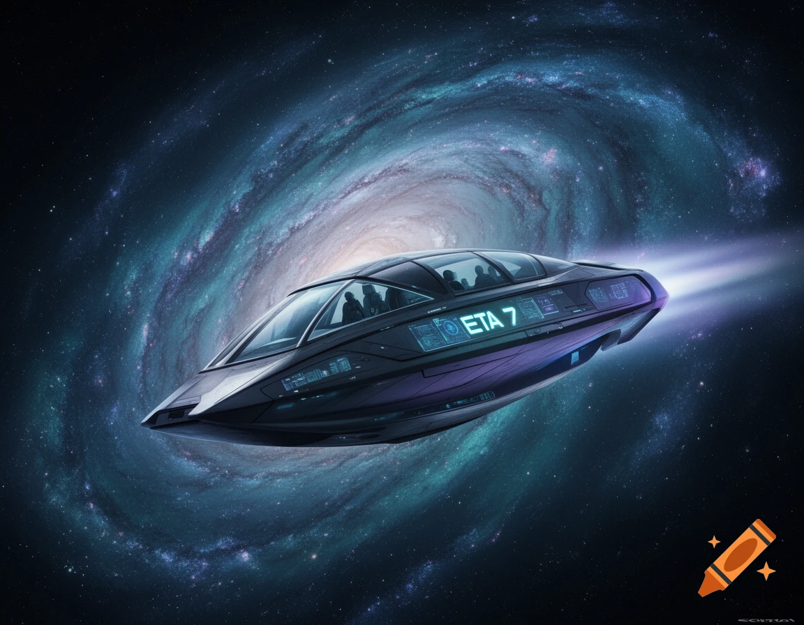 A sleek, dark grey futuristic spaceship with "ETA 7" glowing on its side flies through a vibrant spiral galaxy.