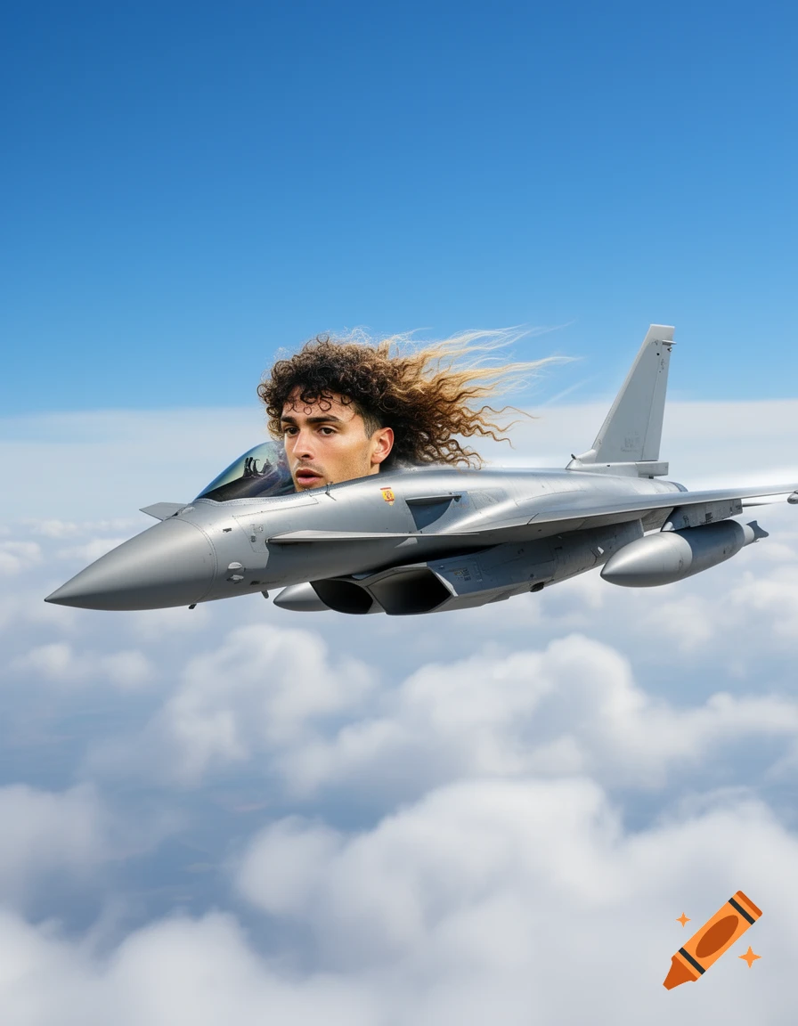 A close-up of a grey Eurofighter jet flying among clouds, with the head of Spanish footballer Marc Cucurella replacing the cockpit.
