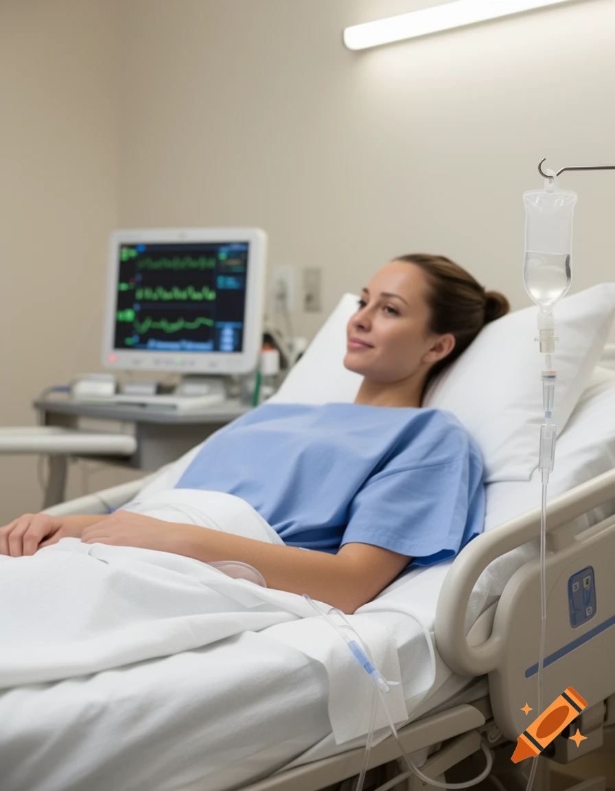 A female patient in a blue gown lies in a hospital bed with an IV drip, a medical monitor in the background.