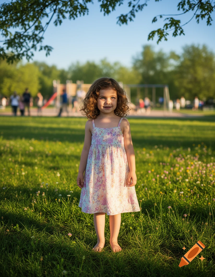 A young girl with curly hair stands in a sunny grassy park with trees and a playground in the blurred background. Photorealistic.