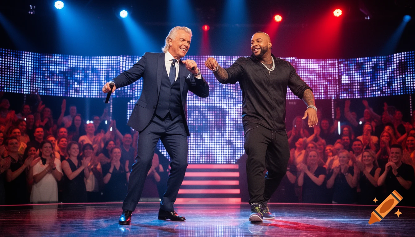 Two men, one in a suit and one in black casual wear, dance energetically on a stage illuminated by red and blue spotlights, in front of a cheering audience and an LED screen.