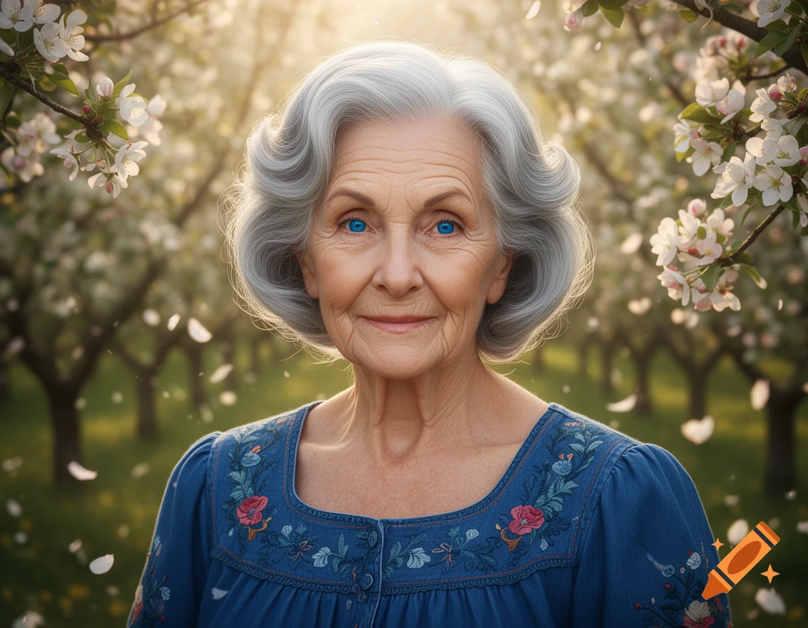 A photorealistic portrait of an old woman with bright blue eyes and white hair, smiling gently in a sunlit blooming orchard.