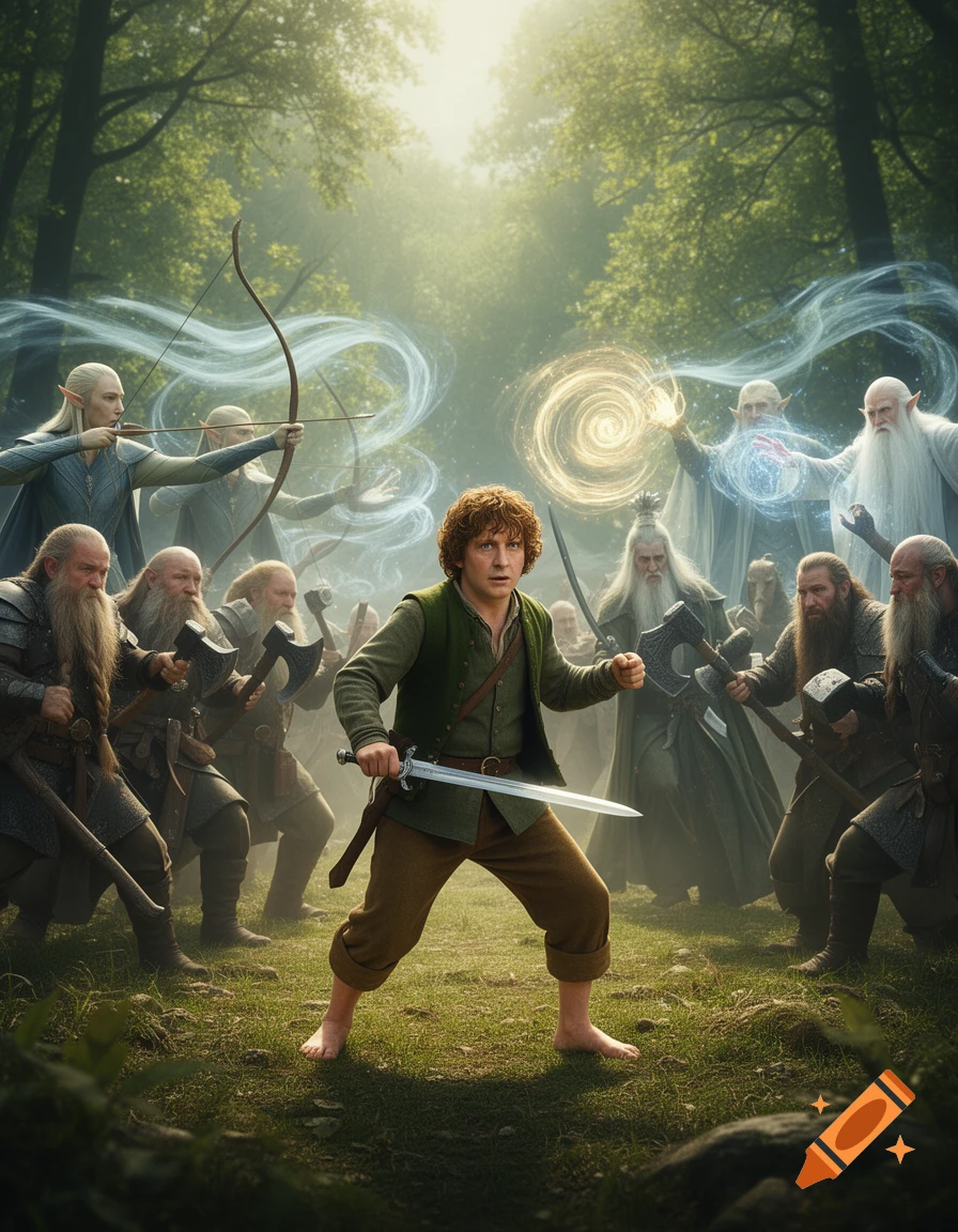 A hobbit with a sword in a forest, surrounded by elves, dwarves, and spell-casting wizards, in a photorealistic style.