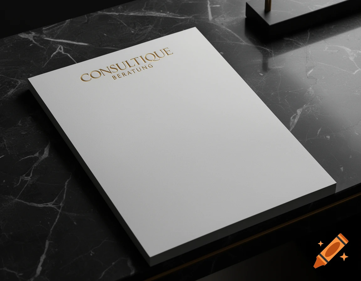 Luxury corporate letterhead with "CONSULTIQUE BERATUNG" embossed in gold on a dark marble desk, photorealistic.