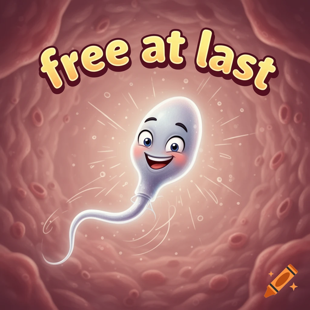 A happy cartoon sperm with large eyes and a smiling mouth swims in a reddish internal body cavity, with the words 'free at last' above it.