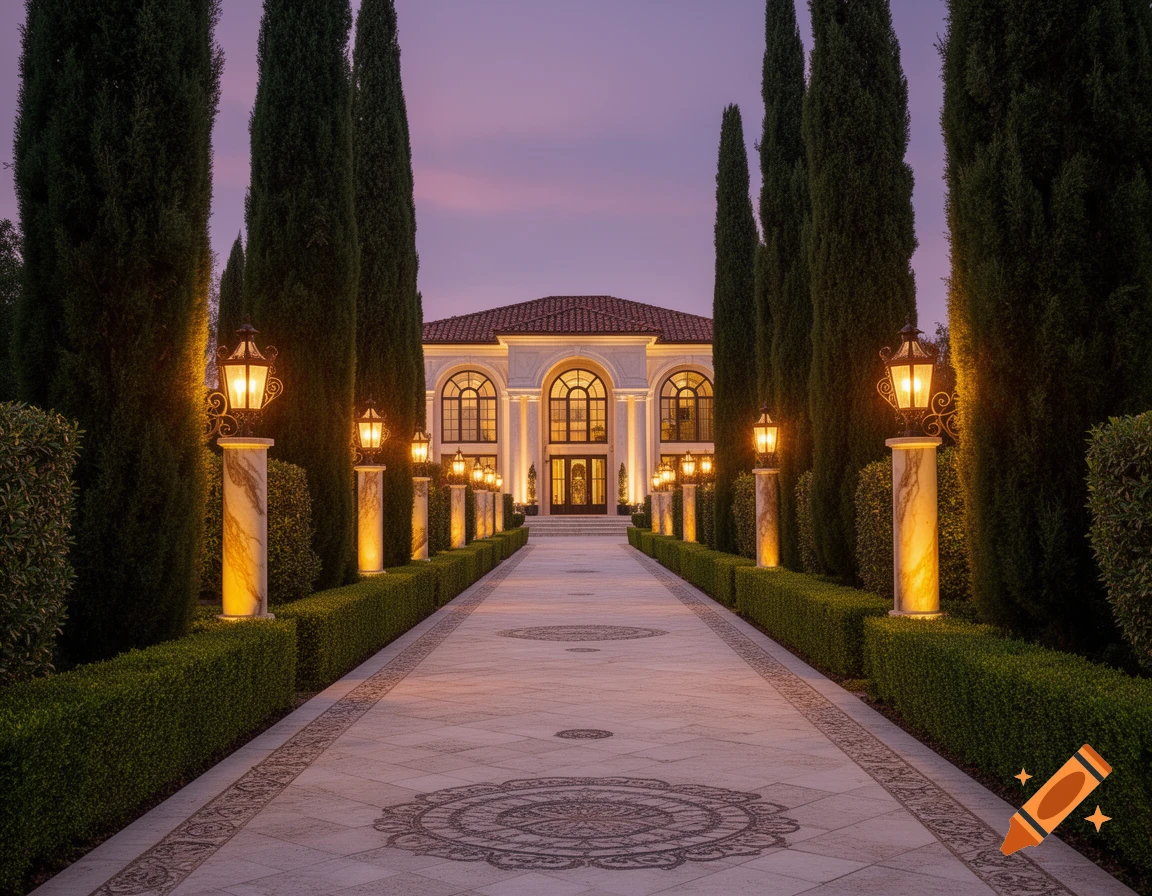 Grand stone driveway lined with cypress trees, manicured hedges, and illuminated lanterns leading to a luxurious villa at dusk.