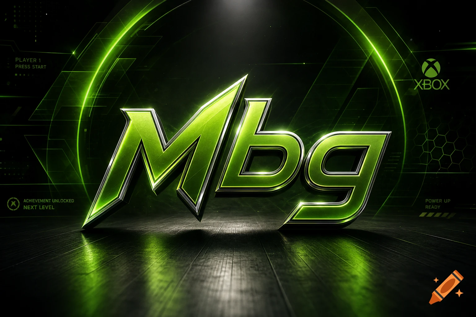 A green and black 3D logo with the text 'Mbg' in a metallic, glowing style, accompanied by the Xbox logo and gaming interface elements.