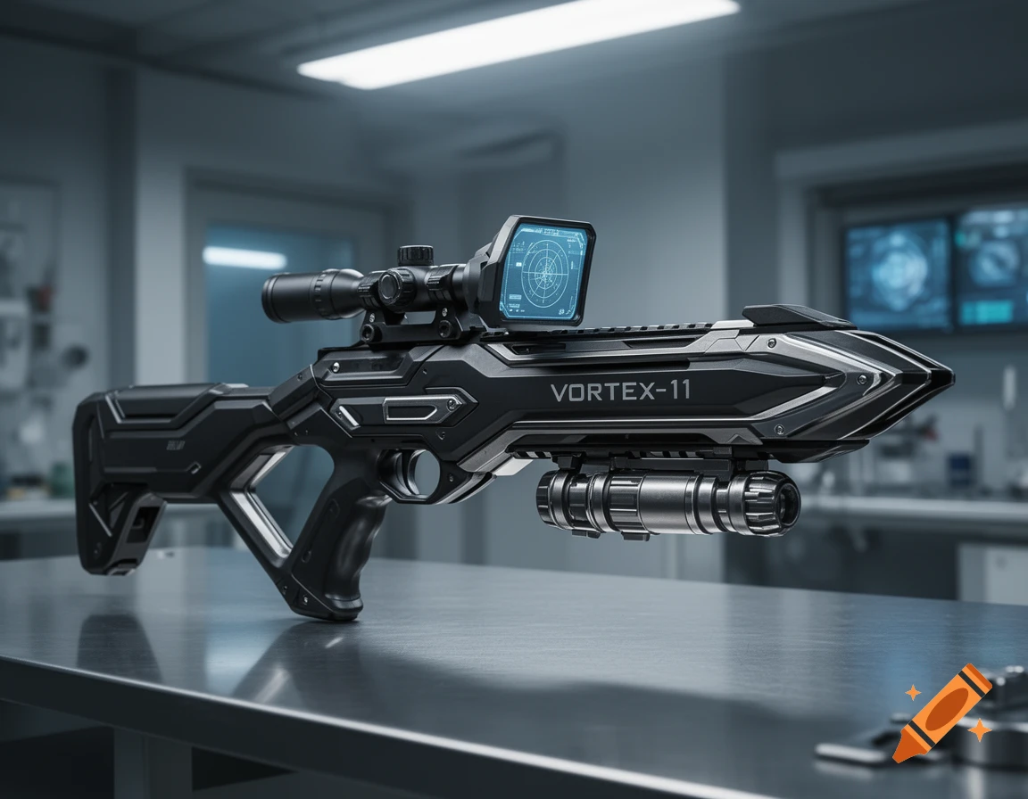 A sleek black and metallic futuristic military rifle with a digital scope, labeled "VORTEX-11", on a sterile table.