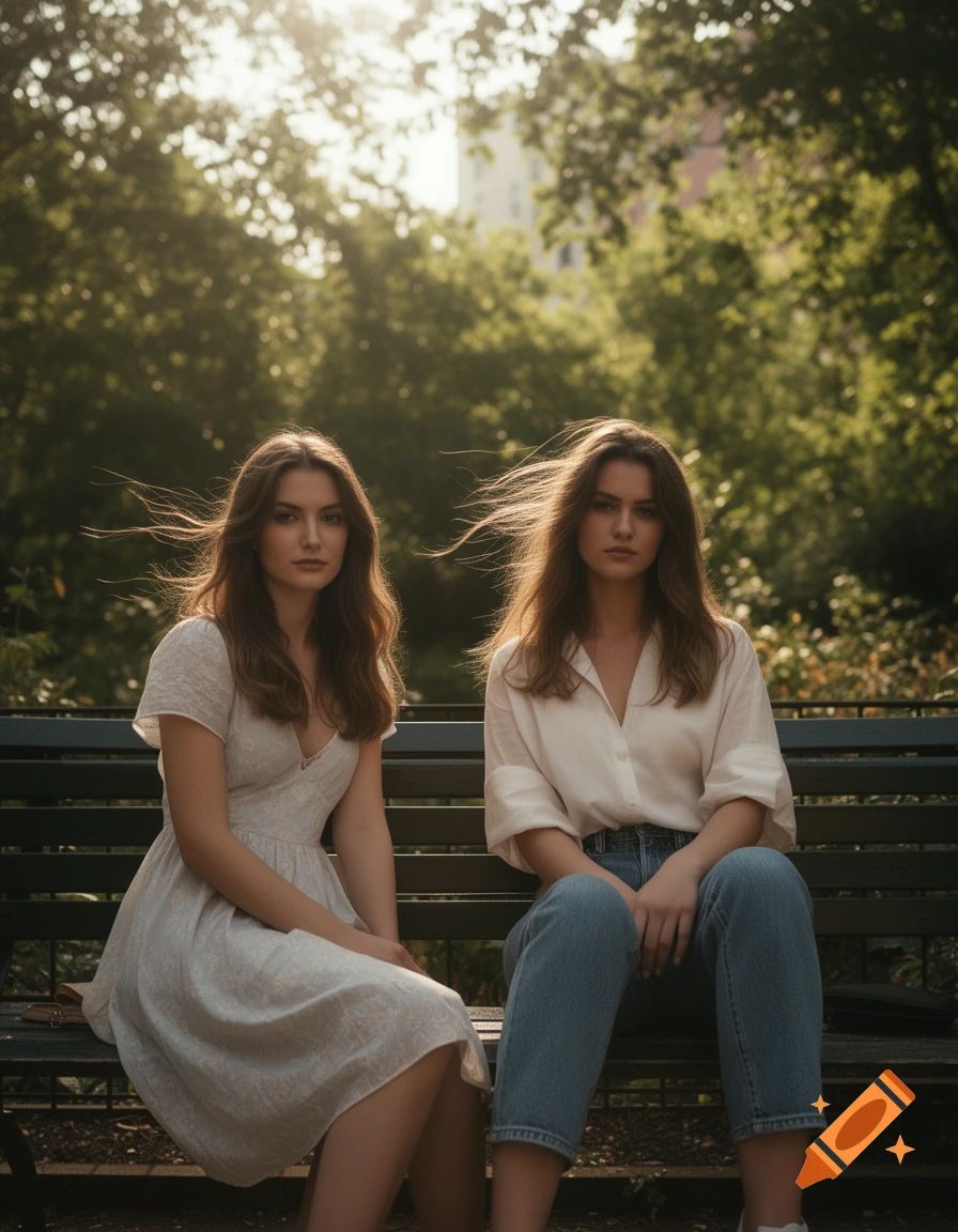 Two young women with serious expressions sit on a park bench, bathed in warm sunlight filtering through trees, photorealistic.