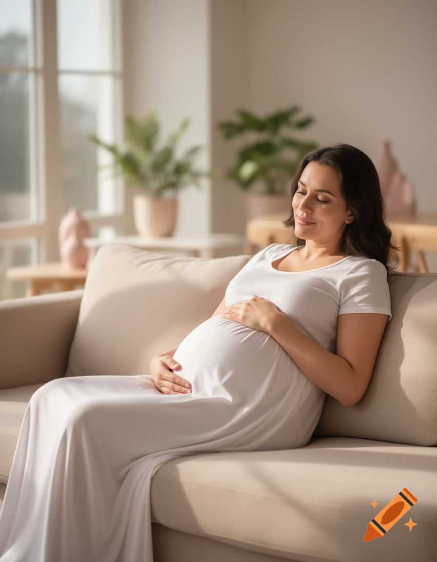 A pregnant woman in a white dress sits relaxed on a couch, gently holding her belly with both hands and smiling with her eyes closed in a sunlit room.