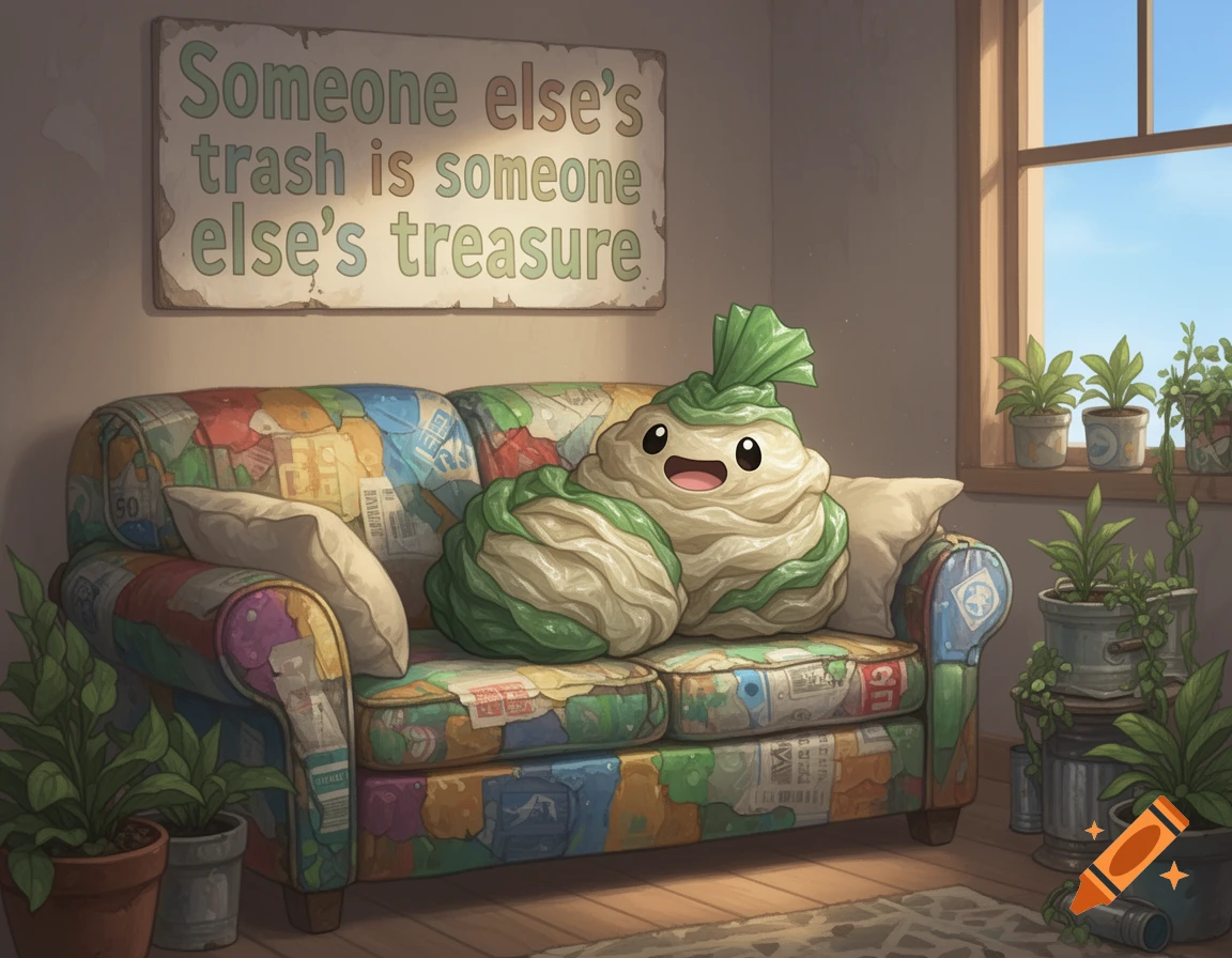 A happy, cute, trash-like creature on a colorful patchwork couch in a sunny room, with a sign reading "Someone else's trash is someone else's treasure" above it.