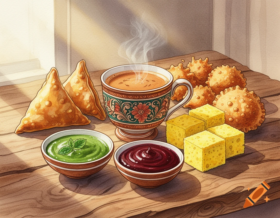 Watercolor of Indian tea-time snacks: samosas, fried items, dhokla, mint and tamarind chutneys, and steaming chai on a wooden table.
