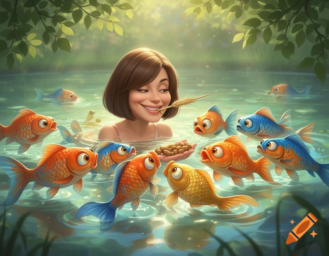A cartoon woman with short brown hair smiles, holding seeds for a group of wide-eyed fish in a sunlit pond, surrounded by lush green foliage.