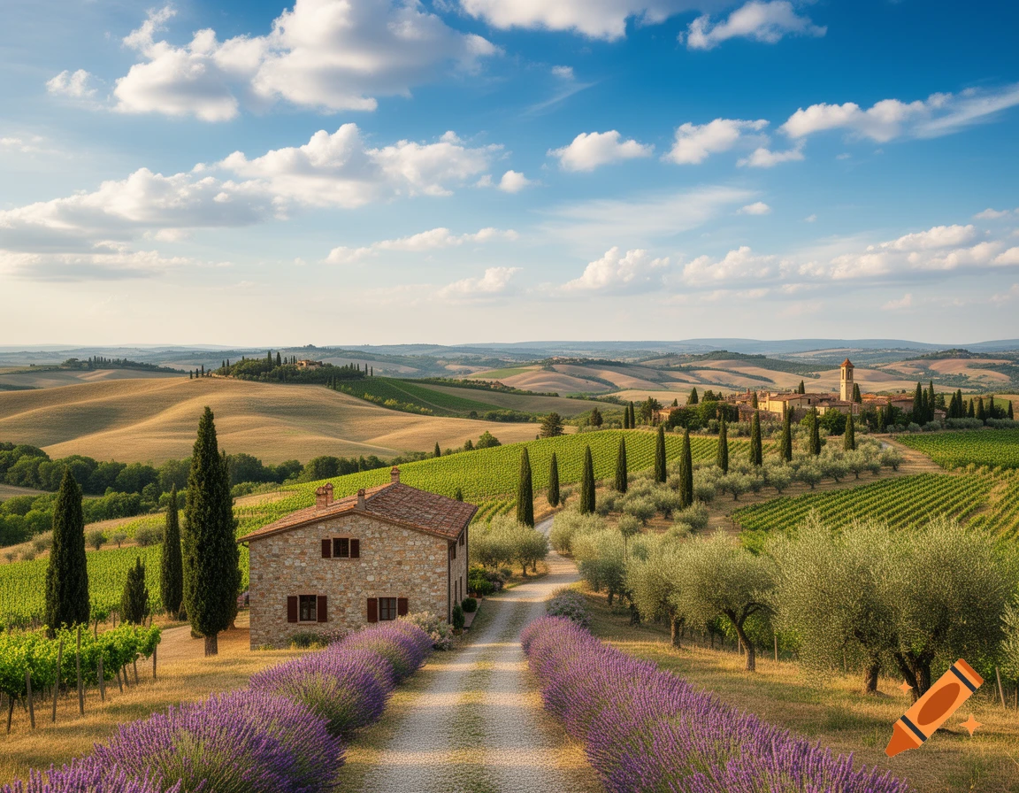 Photorealistic image of a stone farmhouse, cypress trees, lavender, vineyards, and rolling hills in a Tuscan landscape.
